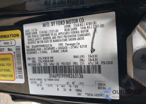 2017 Ford Fusion Se z USA, uszkodzony, nr VIN 3FA6P0T99HR263136